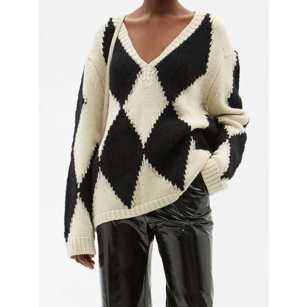 KHAITE The Valerie Argyle 100% Cashmere Academia Sweater Cream V Neck Size XS - Picture 4 of 12